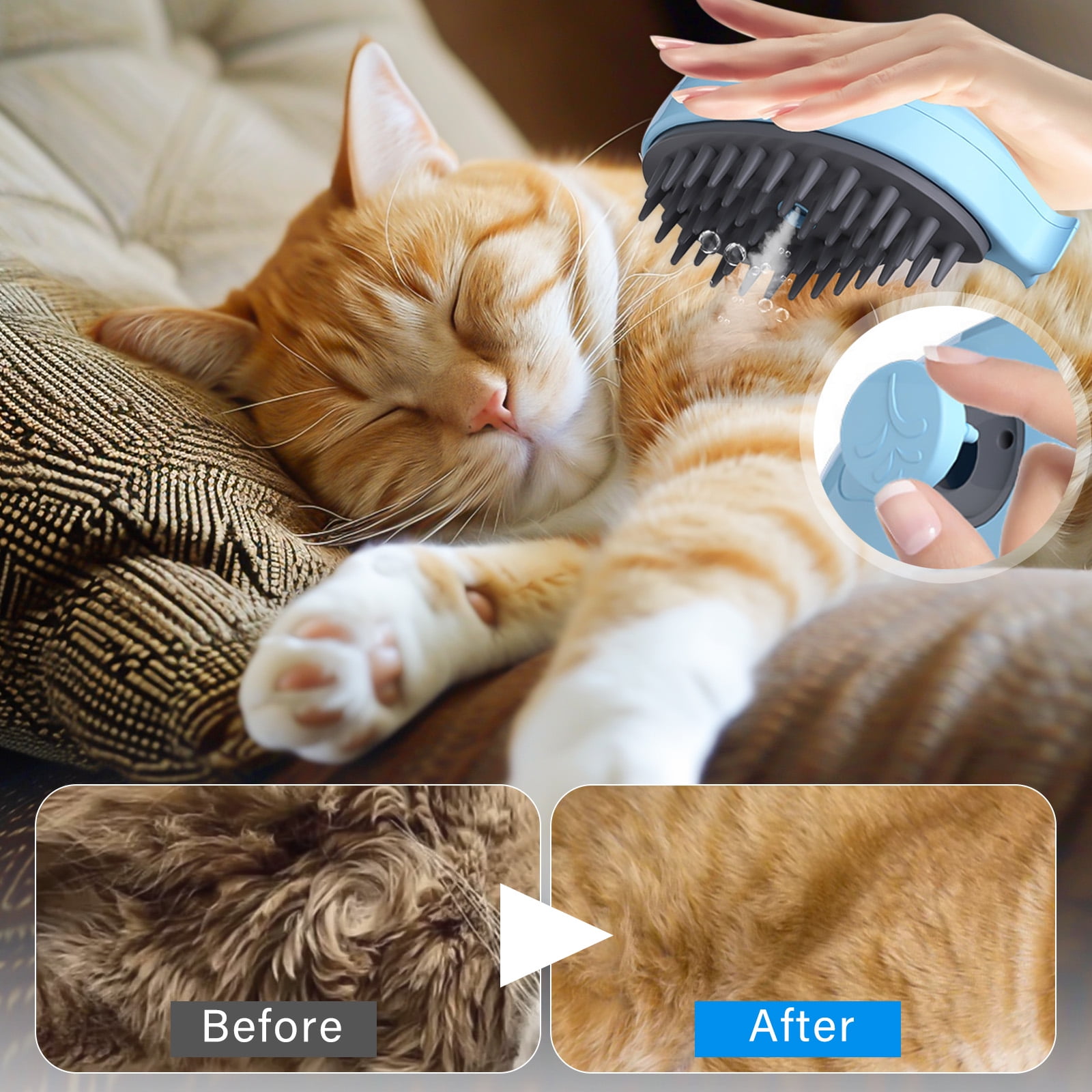 Steamy Pet Brush for Cats and Dogs, 3-in-1 Electric Spray Cat Brush for Indoor Cat, Rechargeable Pet Steam Brush for Shedding & Massage, Water Spray Hair Deshedding Tool for Tangled & Loose Fur, Blue