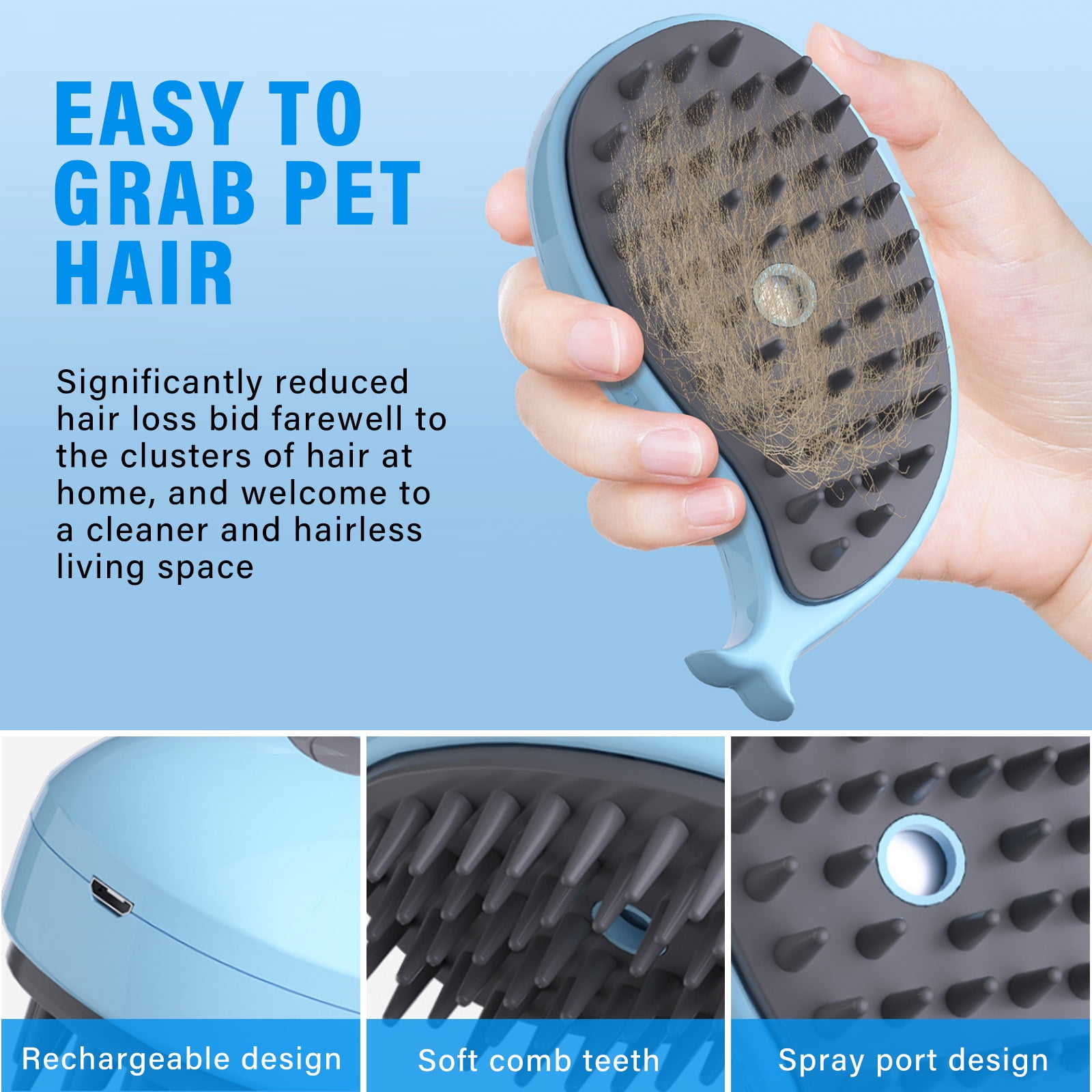Steamy Pet Brush for Cats and Dogs, 3-in-1 Electric Spray Cat Brush for Indoor Cat, Rechargeable Pet Steam Brush for Shedding & Massage, Water Spray Hair Deshedding Tool for Tangled & Loose Fur, Blue