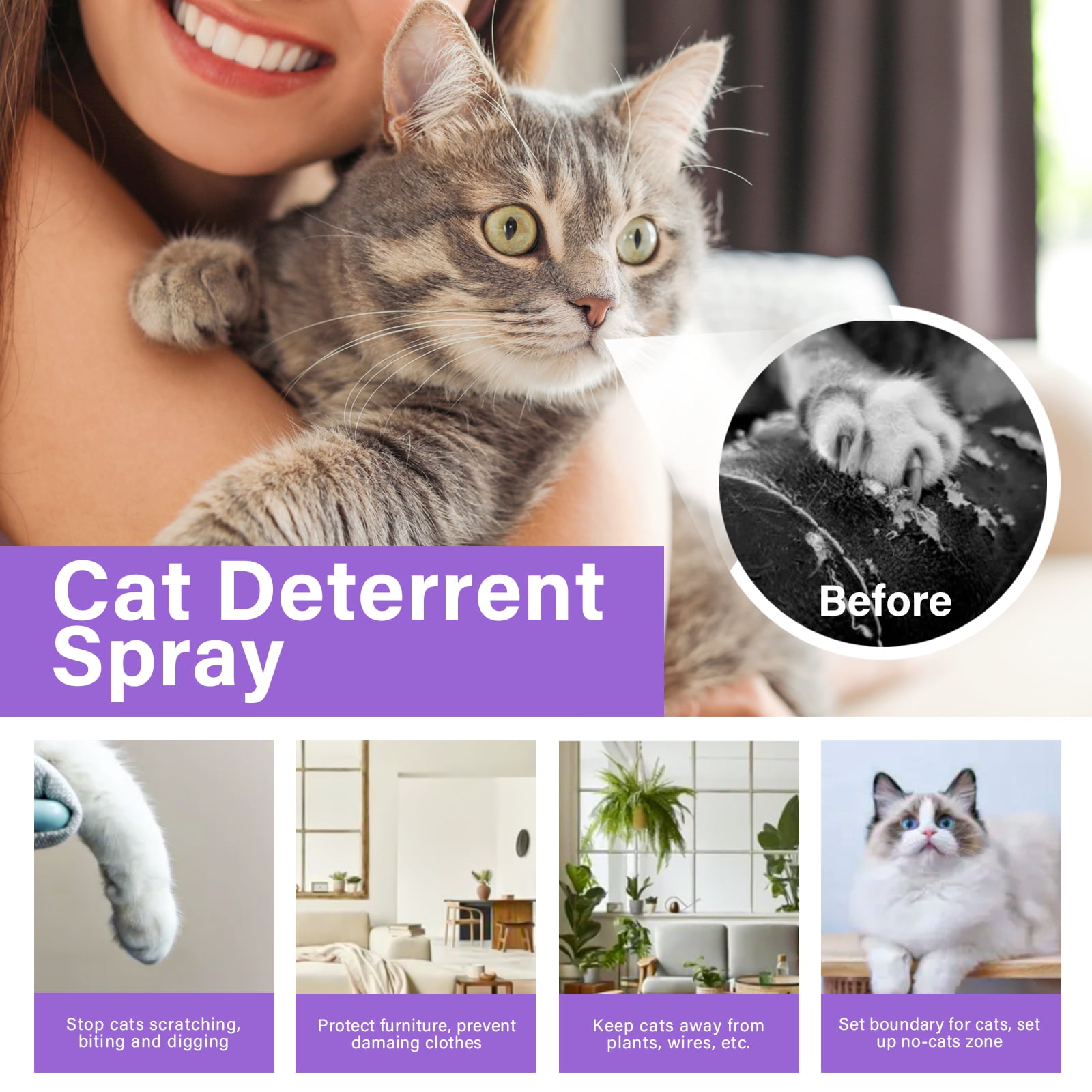 Cat Repellent Spray, Cat Spray Deterrent, Effective Cat Scratch Furniture Protector Stay Away from Restricted Areas for Pet Behavior Training Indoor and Outdoor